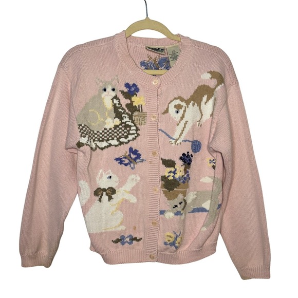 Northern Reflections Sweaters - Northern Reflections Vintage Pink Cat Intarsia Cotton Cardigan Sweater Womens S